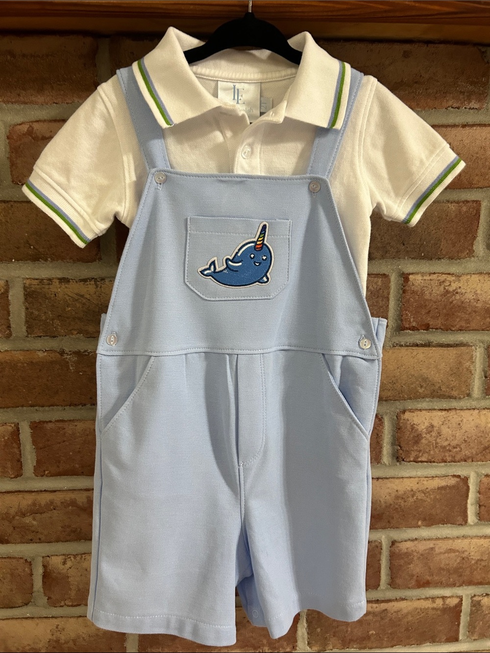 Little English Light Blue Narwhal Shortall Overalls